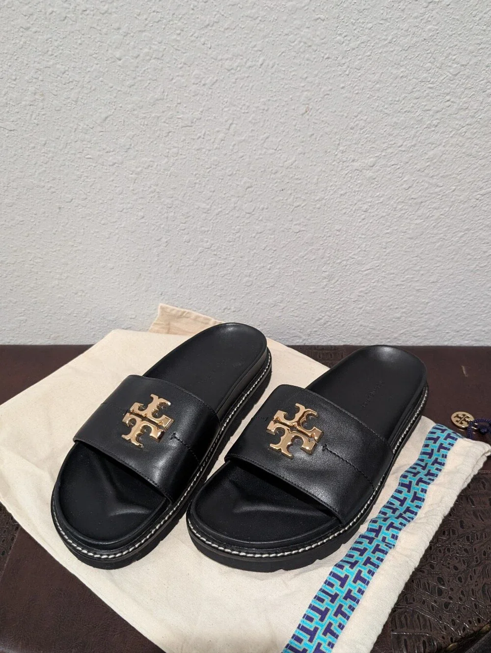 Tory Burch Everly Anatomic Lug Nappa Leather Slide Sandal in Black Size 8
